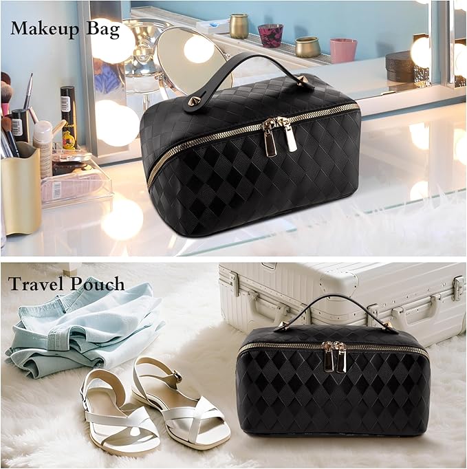 Abiudeng Travel Makeup Bag,Large Capacity Toiletry Bag Cosmetic Bags for Travel Essentials,Waterproof Portable Pouch Open Flat Makeup bag Organizer with Divider and Handle-black rhombus