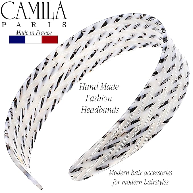 Camila Paris CP3462 French Headband for Women, Handmade White and Gray, Strong Hold Grip Women's Hair Band, Ligth and Very Flexible, No Slip and Durable Styling Girls Hair Accessories, Made in France