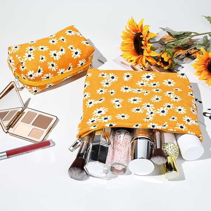 SOIDRAM 2 Pieces Flower Makeup Bag Large Cosmetic Bag Capacity Canvas Mix Travel Toiletry Bag Organizer Cute Makeup Brushes Aesthetic Accessories Storage Bag for Women,Little Flower Mix Yellow