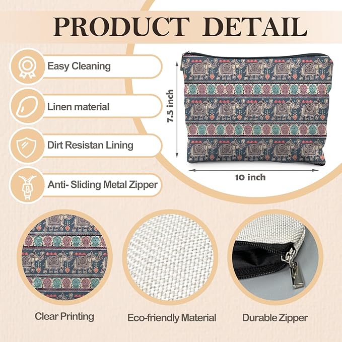 Bohemian Elephant Makeup Bag, Ethnic Indian Elephant Cosmetic Bags Toiletry Bag for Women, Elephant Gifts for Women, Boho Gifts for Women