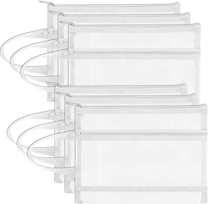 6 Pack Mesh Zipper Pouch Bags, Double Layer Nylon Pouch with Handle for Office Travel Organization (White, A4)