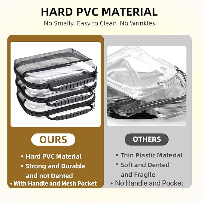 3 Pack Clear Hard Shell Zipper Case, Clear Makeup Bags with Handle, Hard Shell Travel Case, Waterproof Diaper Bag Organizing Pouches, Toiletry Bag for Travel, Hard Shell Zipper Case for Snacks