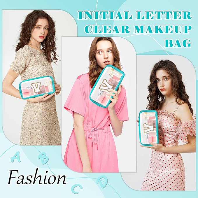 Personalized Initial Letter Clear Makeup Bag,Preppy Small Nylon&PVC Cosmetic Zipper Bag with Chenille Letter,Portable Beach Travel Skincare Toiletry Bag,Trendy Monogram Gift for Teen Girls Women,V