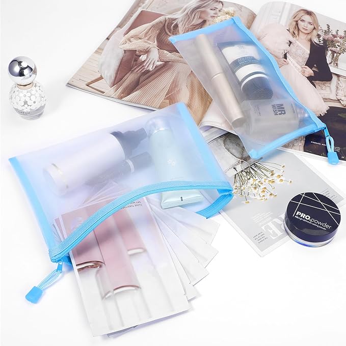 12 Pieces Zipper Nylon Mesh Pouch, Mesh Cosmetic Bags Makeup Bags Pencil Case, Multipurpose Travel Bags for Cosmetic School Office Supplies and Travel Accessories (Sky Blue, A5+B6)