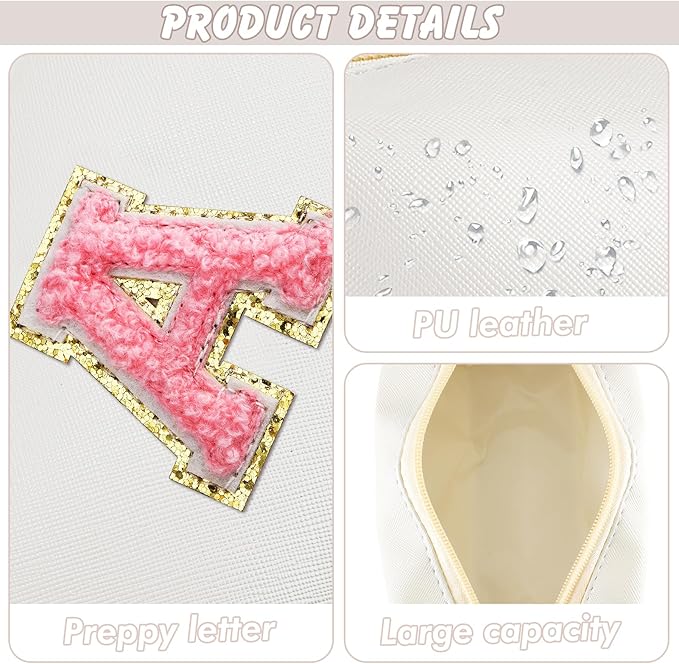 Initial Makeup Bag Personalized Preppy Travel Small Cosmetic Bag Cute PU White Chenille Letter Makeup Pouch for Purse Waterproof Zippered Toiletry Organizer for Women Girls Kids Friends (A)