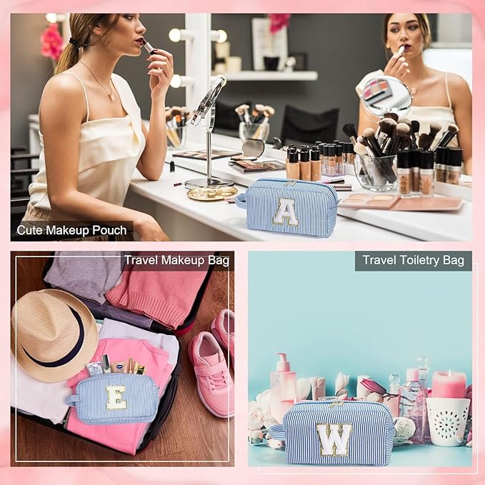 YOOLIFE Initial Makeup Bag for Women - Monogram Cute Blue Makeup Bag Cosmetic Toiletry Pouch Make Up Case for Women Her Best Friend Friendship Sister Teacher, Personalized Birthday Gifts for Women H