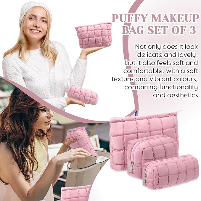 3 Pcs Puffy Makeup Bag Quilted Cosmetic Pouch for Women Cute Checkered Travel Toiletry Bag Puffer Makeup Organizer Purse Pouch Preppy Pencil Case with Zipper