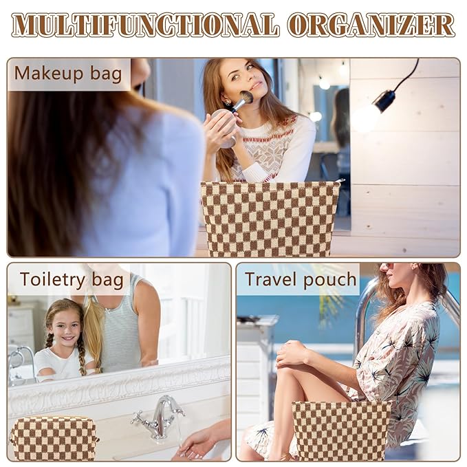 ZLFSRQ 2Pcs Checkered Makeup Bag for Women Large Small Checkered Cosmetic Bag Set Aesthetic Preppy Pencil Case Cute Pencil Pouch Brown Makeup Pouch for Purse Travel Toiletry Bags Zipper Skincare Bags