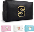 Small Travel Initial Preppy Makeup Bag, Cute Black Cosmetic Organizer Toiletry Zipper Pouch Make Up Bag for Purse, Waterproof Chenille Letter Make Up Storage Personalized Gift for Sister Mom(Letter S)