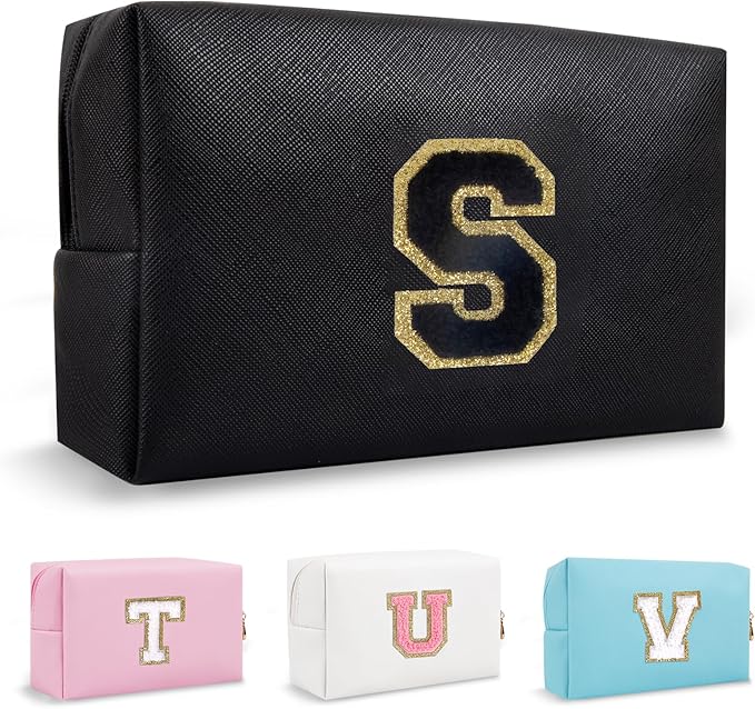 Small Travel Initial Preppy Makeup Bag, Cute Black Cosmetic Organizer Toiletry Zipper Pouch Make Up Bag for Purse, Waterproof Chenille Letter Make Up Storage Personalized Gift for Sister Mom(Letter S)