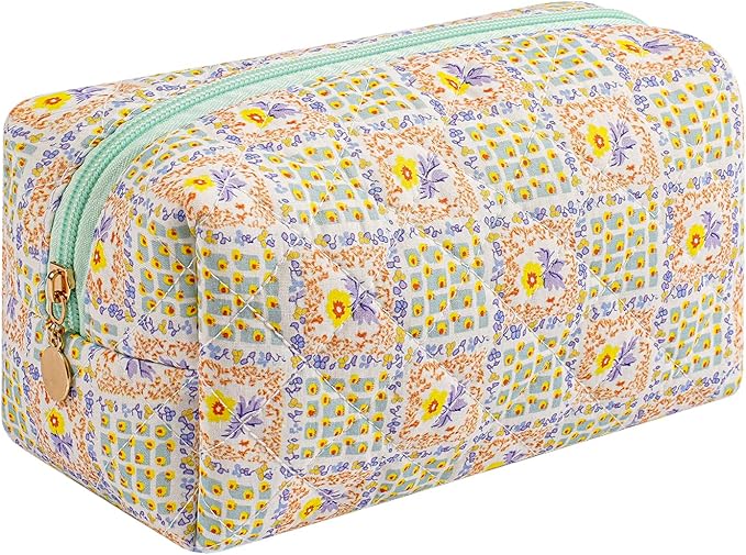 Makeup Bag Travel Cosmetic Bag for Women Girls, Zipper Make Up Pouch, Floral Flowers Toiletry Organizer Makeup, Portable Storage Bag, Cosmetic Travel Cloth Bag (Green Checkered Floral)