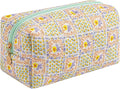 Makeup Bag Travel Cosmetic Bag for Women Girls, Zipper Make Up Pouch, Floral Flowers Toiletry Organizer Makeup, Portable Storage Bag, Cosmetic Travel Cloth Bag (Green Checkered Floral)