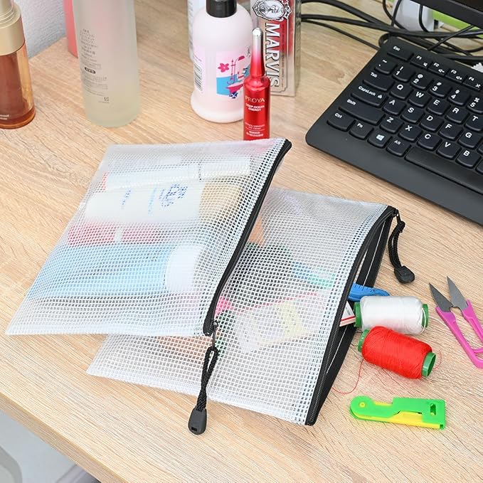 AUSTARK 10 Pcs Zipper File Bags, Waterproof Plastic Mesh Pouch for Office School, Board Game Storage Bags (A5 Size 9.2''x6.7'', White and Black)