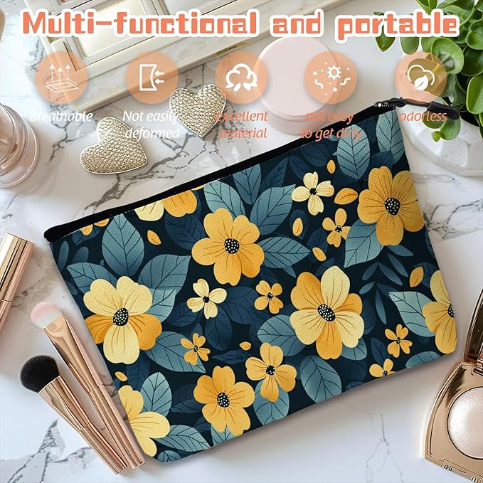 Cosmetic Bags Travel Makeup Toilet Case Waterproof Pouch for Women Girls 6.7X9.45inches - Pattern of Yellow Flowers on A Dark - Teal Background