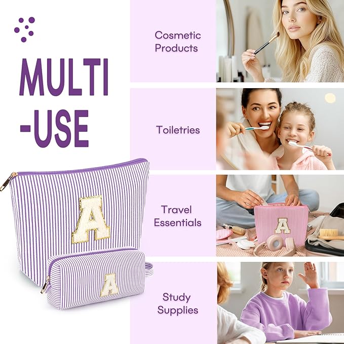 2 PCS Initial Makeup Bags for Women: Cosmetic Bag for Travel Toiletry - Birthday Gifts for 11 12 13 14 15 16 17 18 Years Old Girl Graduation Teacher Gift- Teen Girl Gifts Trendy Stuff - Purple R