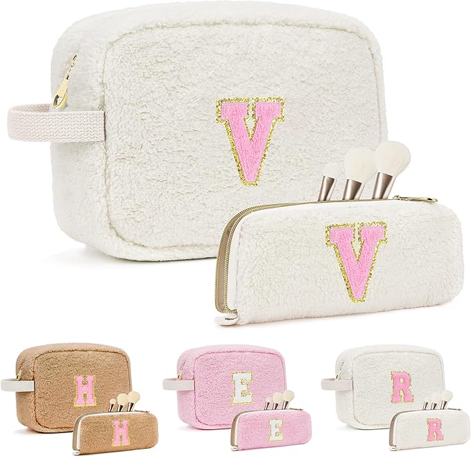 for Christmas Day Gifts, Travel Makeup Bag for Women, Initial Make Up Bag Set for 6 7 8 9 10 11 12 13 Years Old Kids Tween Girls, Large Cosmetic Skincare Bags for Birthday Gifts, White V