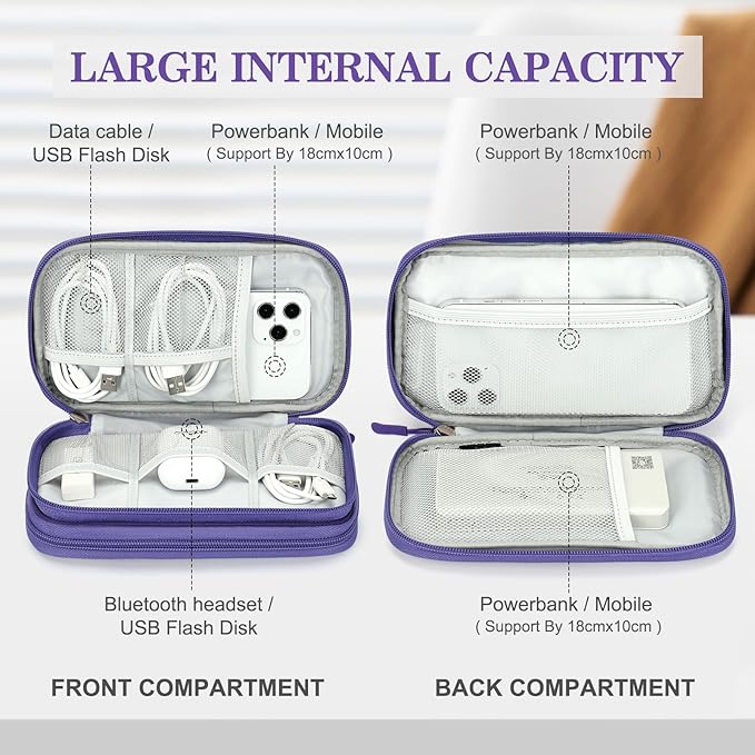 FYY Electronic Organizer, Travel Cable Organizer Bag Pouch Electronic Accessories Carry Case Portable Waterproof Double Layers Storage Bag for Cable, Charger, Phone, Earphone, Medium Size- Purple