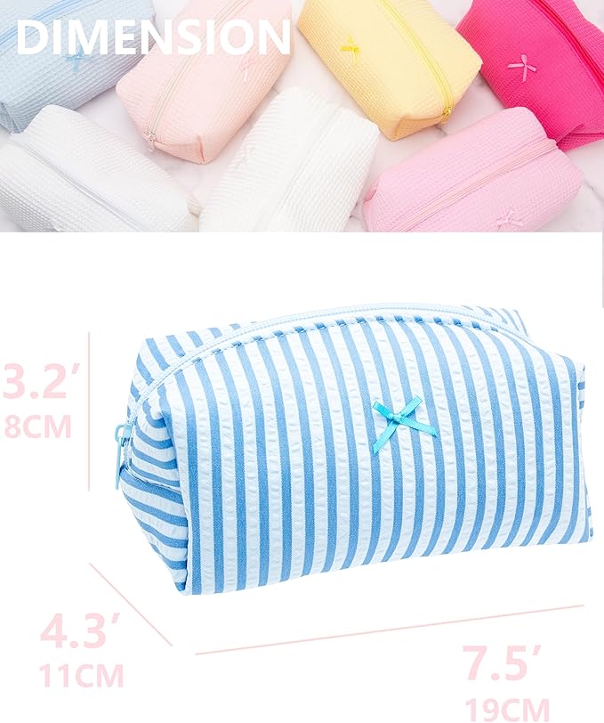 PAZIMIIK 2PCS Cozy Makeup Bag Small Aesthetic Travel Zipper Cosmetic Pouch for Women Make Up Beauty Accessories Brushes, Stripe Lake Blue
