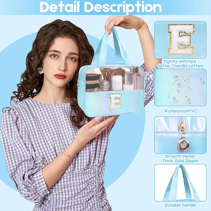 Personalized Initial Clear Makeup Bag Blue Cosmetic Bag Set Large Travel Toiletry Bag, Cute Clear Make Up Bags Organizer Bag for Girlfriend Teacher Gifts Teen Girl Gifts Trendy Stuff M (Blue)