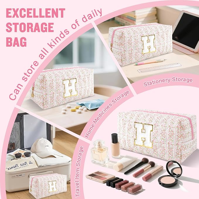 Personalized Quilted Cosmetic Bag, Puffy Monogrammed Christmas Birthday Gifts for Women & Girls, Cute initial Floral Makeup Bag Puffer Coquette Bag, Aesthetic Travel Toiletry Zipper Pouch(Pink,H)