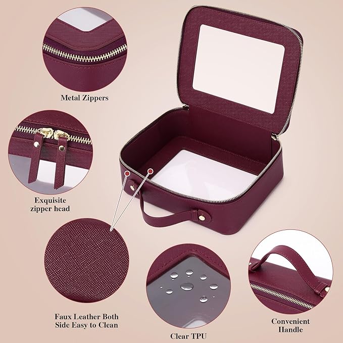 Pinkmik Clear Makeup Bag with Brush Bag 2pcs Waterproof Travel Case for Cosmetics and Toiletries Women's Cosmetic Organizer with Zipper (X/Burgundy, L+SLIM)
