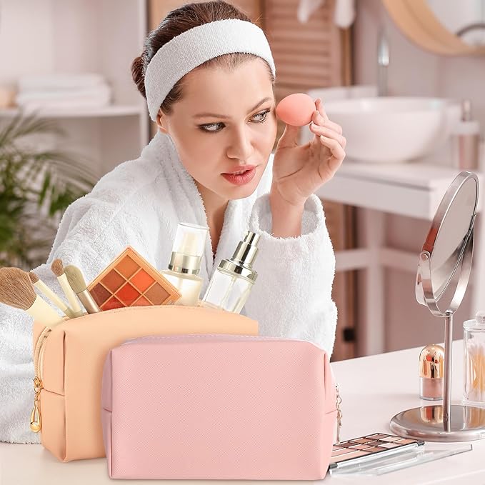 Sanwuta 9 Pcs Makeup Bags Bulk PU Double Zippers Cosmetic Bag Makeup Toiletry Christmas Small Pouch Portable Travel Organizers Case for Women Bridesmaid Party End of The Year(Pink Brown Series)