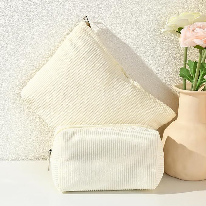 SOIDRAM 2 Pieces Corduroy Makeup Bag Large Corduroy Cosmetic Bag Capacity Canvas Mix Travel Toiletry Bag Organizer Cute Makeup Brushes Aesthetic Accessories Storage Bag for Women