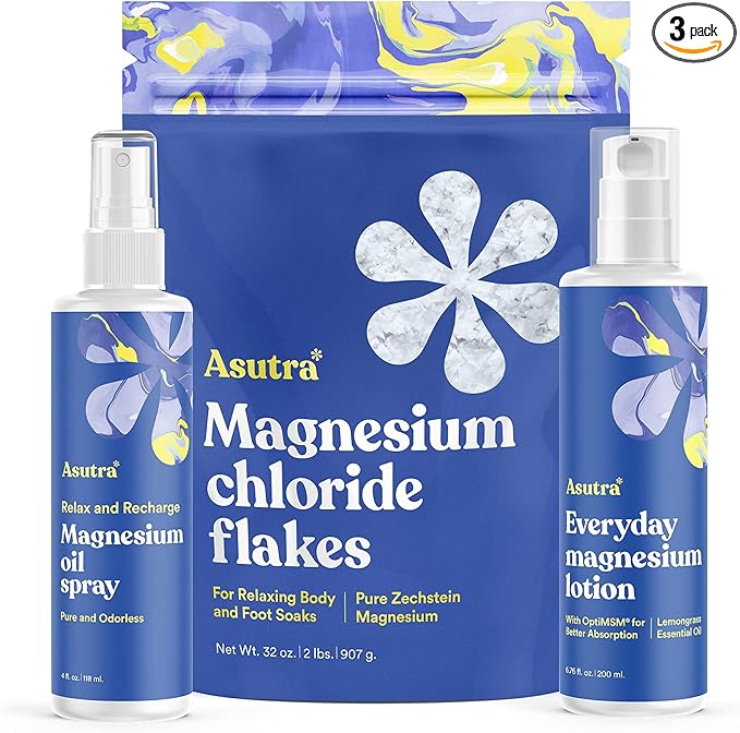 ASUTRA Ultimate Topical Magnesium Bundle, 4 fl oz Magnesium Oil Spray, 2 lb Bag of Bath Flakes, 6.76 fl oz Everyday Lotion, Derived from Zechstein Seabed