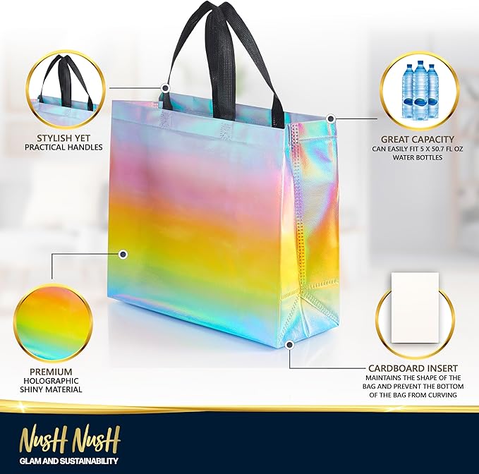 Nush Nush Large Fantasy Pastel Gift Bags – Set of 12 Reusable Rainbow Gift Bags With Handles – Colorful Goodie Bag for Kids, Birthday Party Favors, Christmas, Parties and Events, Holiday -13x5x11