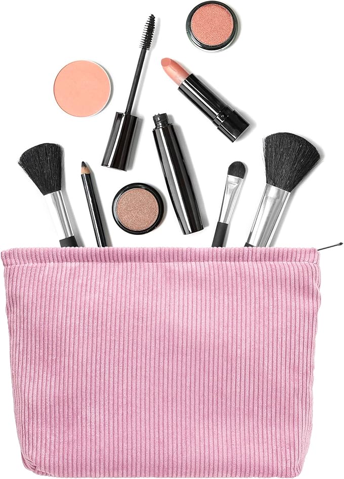PAZIMIIK Makeup Bag Large Zipper Corduroy Make Up Pouch for Purse Travel Canvas Cosmetic Organizer for Women Brush Storage,Pink