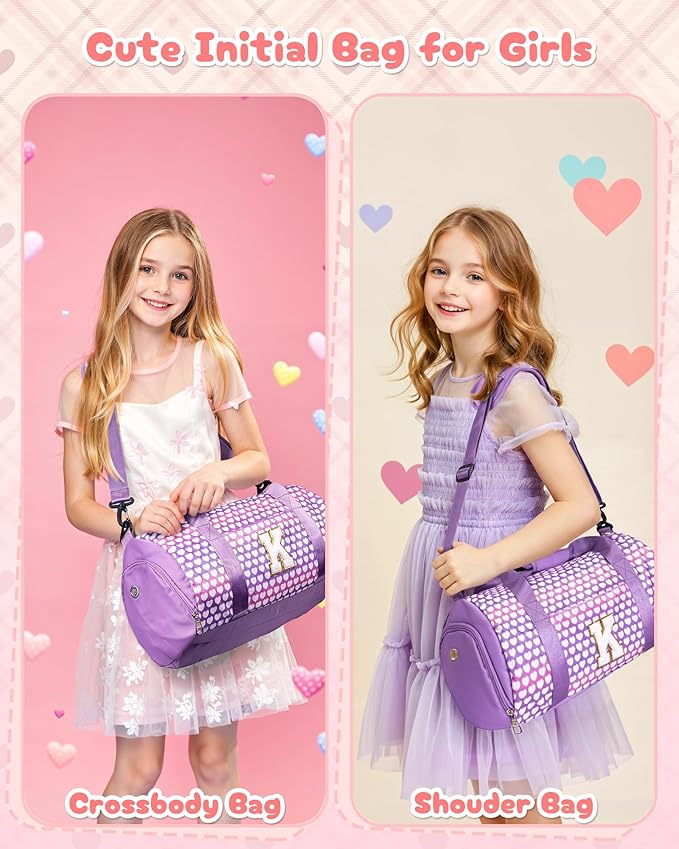Teen Girl Trendy Stuff, Girls Travel Duffel Bag, Kids Initial Overnight Bags with Shoe Compartment, Personalized Gym Ballet Dance Bag with Makeup Pouch, Gift for 3 Year Old Kid (Letter T)