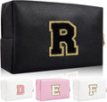 Iqimott Personalized Initial Letter Patch Makeup Bag Preppy Portable Chenille Letter Cosmetic Bag Zipper PU Leather Waterproof Travel Toiletry Bag Monogram Make Up Pouch Women Girls(Letter R)
