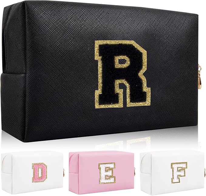 Iqimott Personalized Initial Letter Patch Makeup Bag Preppy Portable Chenille Letter Cosmetic Bag Zipper PU Leather Waterproof Travel Toiletry Bag Monogram Make Up Pouch Women Girls(Letter R)