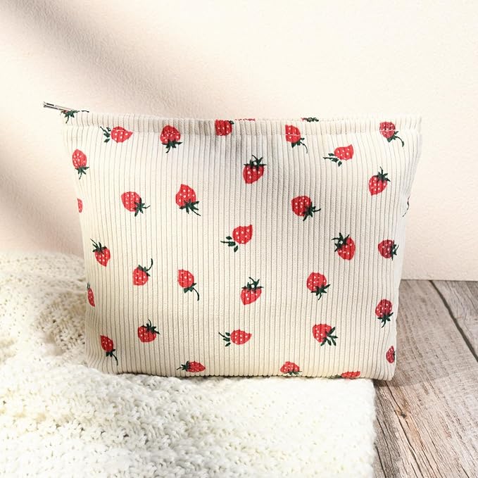 SOIDRAM 2 Pcs Cute Makeup Bag Large Cosmetic Bag Toiletry Bag Makeup Pouch Travel Bag Organizer Cute Makeup Brushes Aesthetic Accessories Storage Bag for Women Strawberry Pink Beige