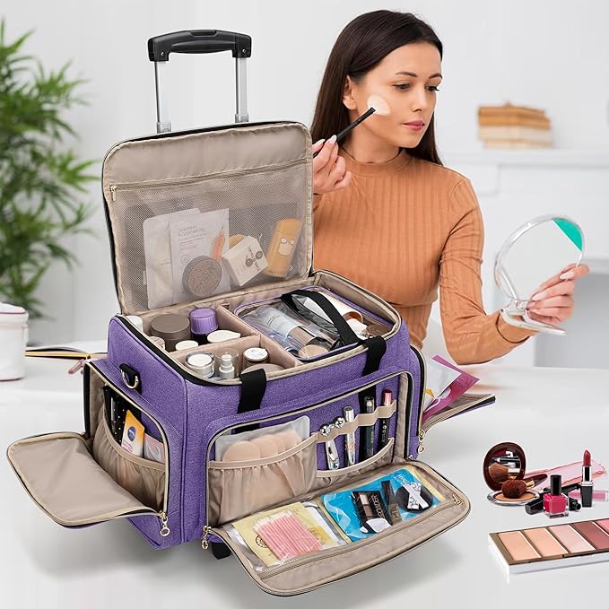 LUXJA Rolling Makeup Case with 3 Removable Pouches and 1 Makeup Brush Bag, Large Makeup Bag Cosmetic Bag with Detachable Dolly (Patented), Purple