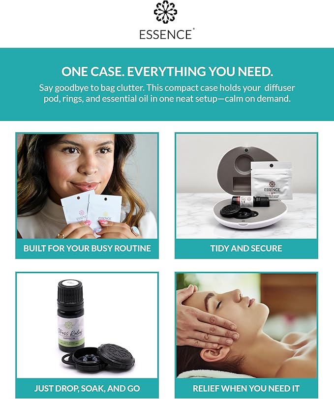 Essence Pearl Travel Case - Wearable Aromatherapy Kit with Nasal Diffuser Rings, Soaking Bay, and 5mL Essential Oil – Portable Wellness Gift Set for On?The?Go Self Care