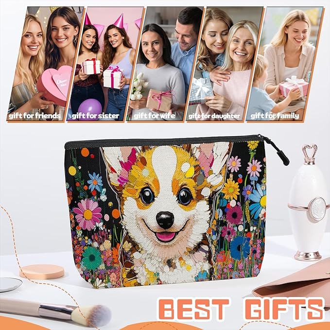 Cosmetic Bags Travel Makeup Toilet Case Waterproof Pouch for Women Girls 6.7X9.45inches - Cute Corgi Surrounded By Brightly Colored Flowers