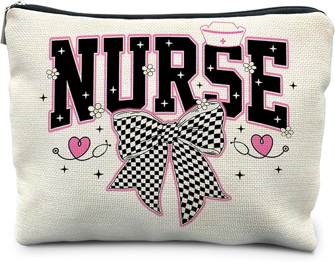 Coquette Black and White Plaid Bow Nurse Makeup Bag, Nurse Gifts for Women Cosmetic Bags, Nurse Week Gifts Makeup Pouch, Nurse Appreciation Gifts Zipper Pouch