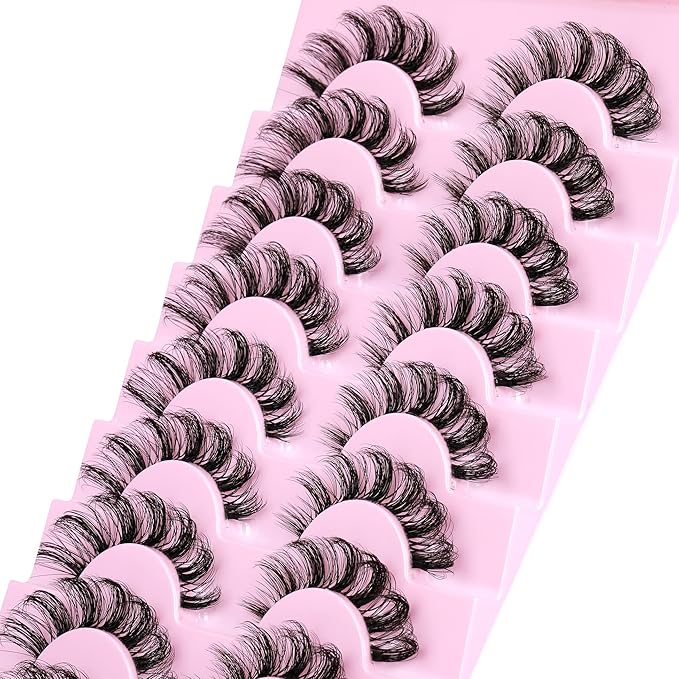 ALPHONSE Russian Lashes Clear Band False Eyelashes Natural Look D-Curly Fake Lashes Russian Strip Faux Mink Eyelashes 9 Pairs Pack