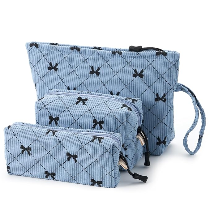 Small Cosmetic Bag set for Women Corduroy Makeup Bag with Interior Pocketes Cute Corduroy Makeup Pouches Women Small Toiletry Bag (Blue Bowknot)