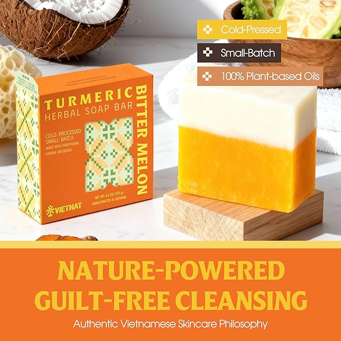 Turmeric & Bitter Melon 2-in-1 Luxurious Natural Soap Bar (4.2 oz) | Herbal Freshness & Gentle Refreshing Cleanse | Cold-Processed, Handmade in Vietnam (Pack of 1)