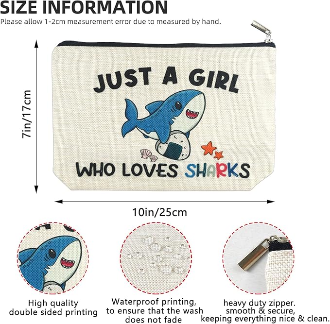Shark Gifts for Women Makeup Bag, Cute Shark Themed Gifts for Shark Lovers Girls Kids Accessories, Just A Girl Who Loves Sharks Cosmetic Stuff Pouch, Birthday Christmas Decorations