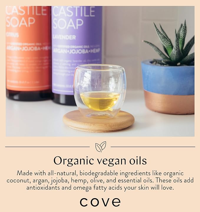 Cove Castile Soap Unscented - 1 Liter / 33.8 fl oz - Organic Argan, Jojoba, and Hemp Oils