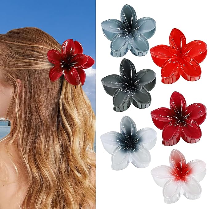Flower Hair Clips 6 PCS Hawaiian Claw Clips for Vacation Hibiscus Hair Claw Clips Cute Large Hair Clips for Thick and Thin Hair Plumeria Hair Accessories for Women Girls -Dark Color