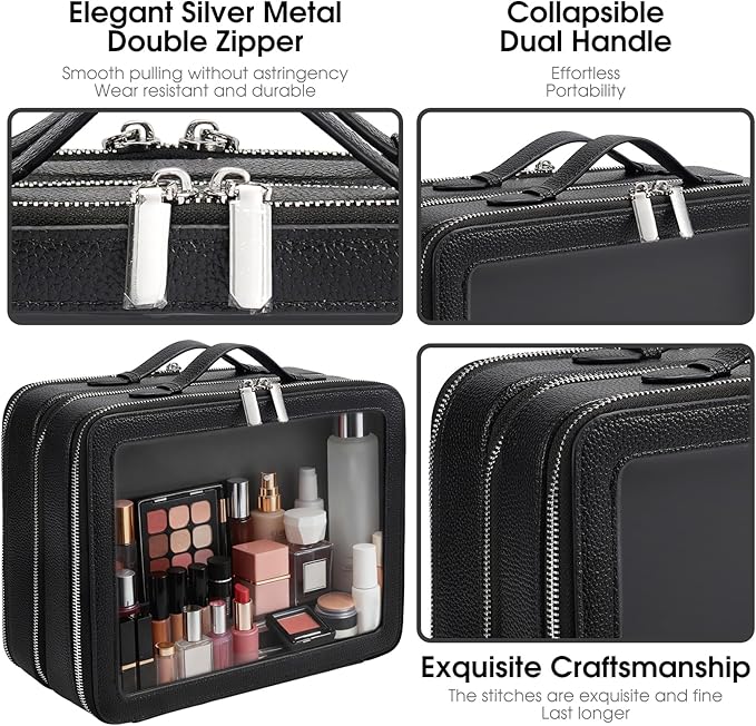 Clear Makeup Bag,Large Toiletry Case for Women,PU Leather Travel Cosmetic Bag,Detachable Makeup Case,Double Compartment Make up Organizer