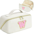 for Christmas Day Gifts, Makeup Bag for Women, PU Leather Travel Toiletry Bags, Initial Make Up Cosmetic Pouch for Teen Girls, Wide Open Portable Skincare Bag, Personalized Birthday Gifts, White W