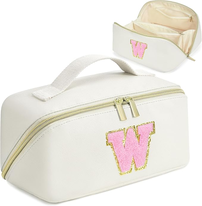 for Christmas Day Gifts, Makeup Bag for Women, PU Leather Travel Toiletry Bags, Initial Make Up Cosmetic Pouch for Teen Girls, Wide Open Portable Skincare Bag, Personalized Birthday Gifts, White W