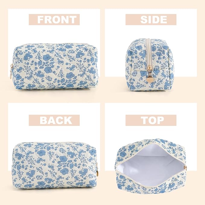 Makeup Bag Travel Toiletry Bag for Women, Small Cosmetic Bags Cute Quilted Cotton Makeup Pouch for Purse Emergency Bag for School Floral Pencil Case Accessory Bag, Blue
