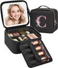 Relavel Initial Makeup Bag with LED Mirror for Women Girls, Personalized Travel Cosmetic Organizer Train Case, Birthday Gifts for Grandkids Bridesmaid Graduation Teacher Friends, Trendy Stuff, Black C
