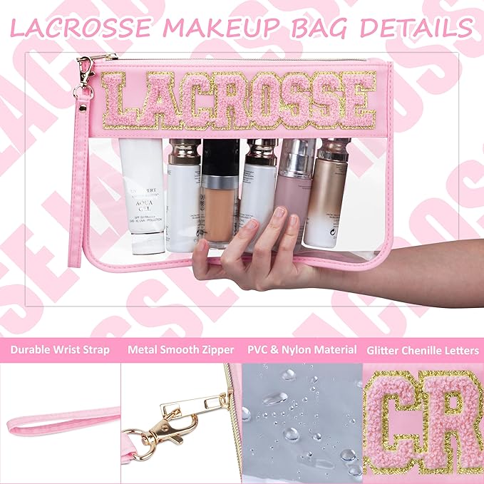 2 Pcs Lacrosse Gifts Makeup Bag with Chenille Letter Patch, Clear Cosmetic Pouch PVC Organizer Purse, Waterproof Travel Bag, Portable Toiletry Storage Bag for Her Girls Friends Women